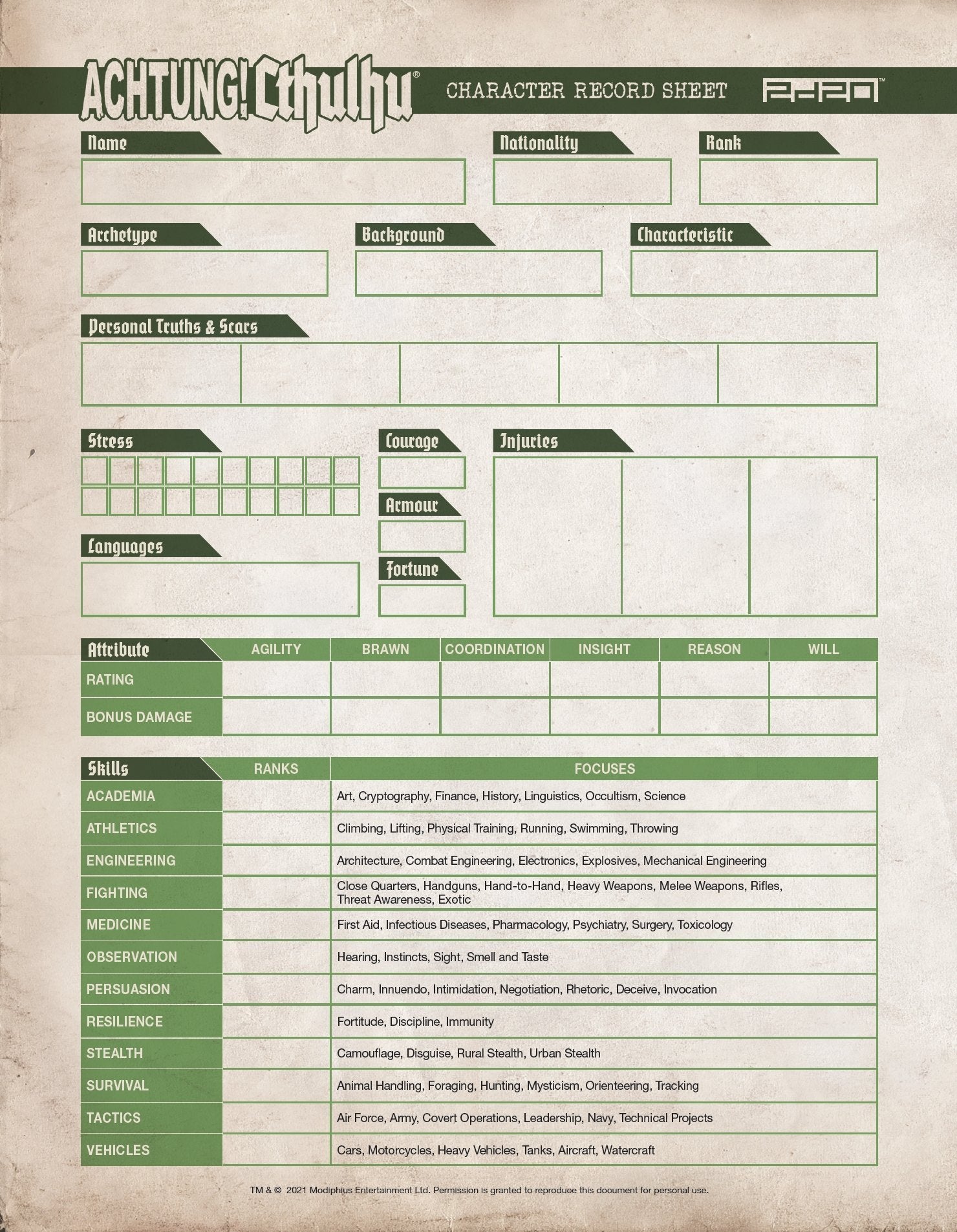 Achtung! Cthulhu 2d20: Character Sheet - PDF (FREE)