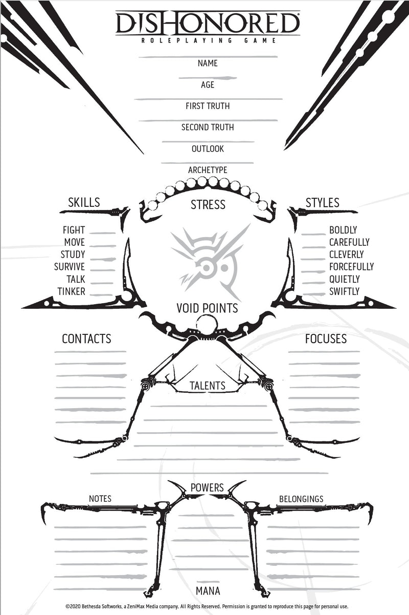 Dishonored: The Roleplaying Game Character Sheet - PDF (FREE)