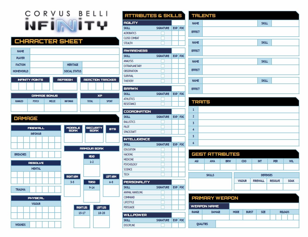 Infinity: character sheets PDF - FREE
