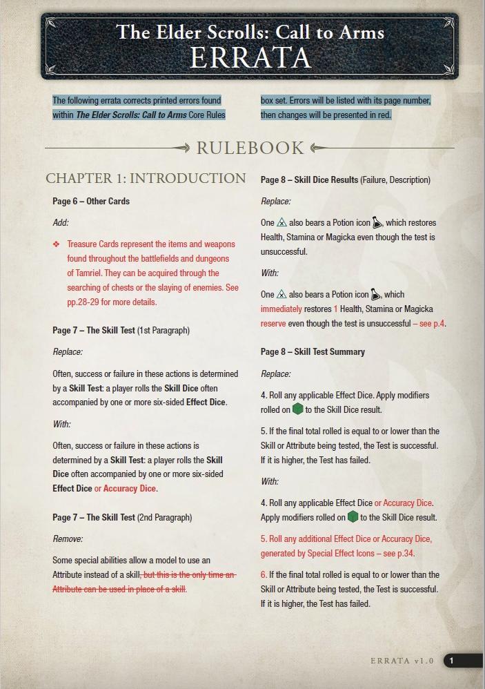 The Elder Scrolls: Call to Arms Core Rulebook Errata & Updated Print & Play Cards - (FREE)